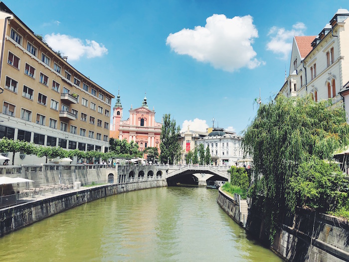 Ljubljanica River flowing through Ljubljana, Slovenia